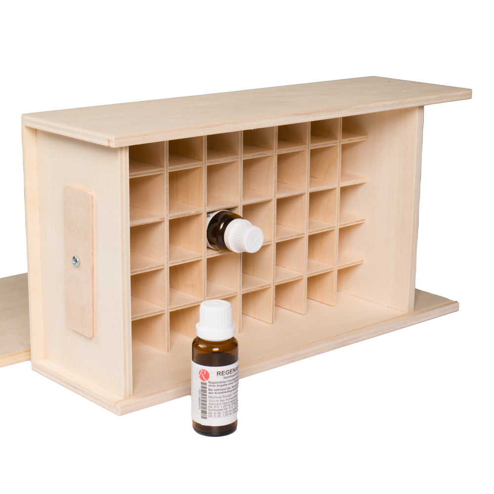 Bachblüten-Kiste-groß-für-40-Flaschen-von-Faller-kreativ-Material-Pappel---offen-mit-Flaschen